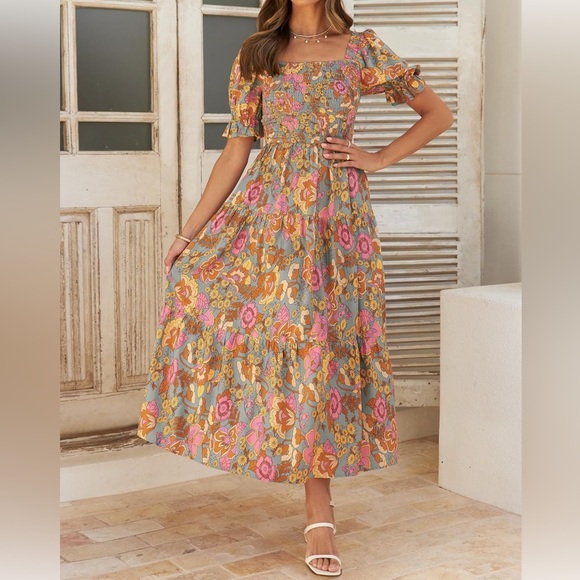 Zesica Dresses & Skirts - Orange and Pink Puff Sleeve boho Sundress
